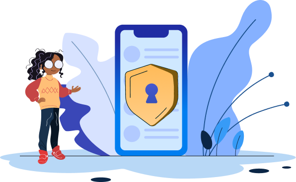 Cartoon style illustration of a woman with brown skin and black hair standing beside an oversized phone, leaves, and puddle